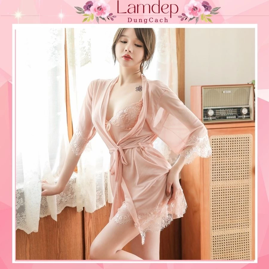 Váy ngủ sexy - Đầm ngủ sexy ren voan mỏng có kèm áo choàng thắt dây SCT1083