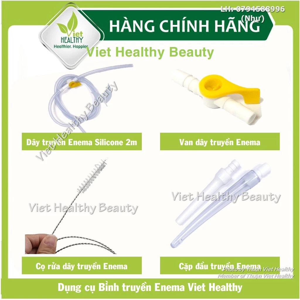 Dụng cụ thải độc enema Viet Healthy (dây nối silicone 2m, van dây truyền silicone, bộ đầu truyền, bình truyền nhựa 2lít)