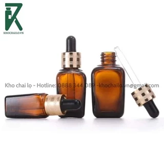 Chai tinh dầu serum thủy tinh vuông nâu khoen mạ vàng cao cấp 3 vạch bóp đen ống thủy tinh