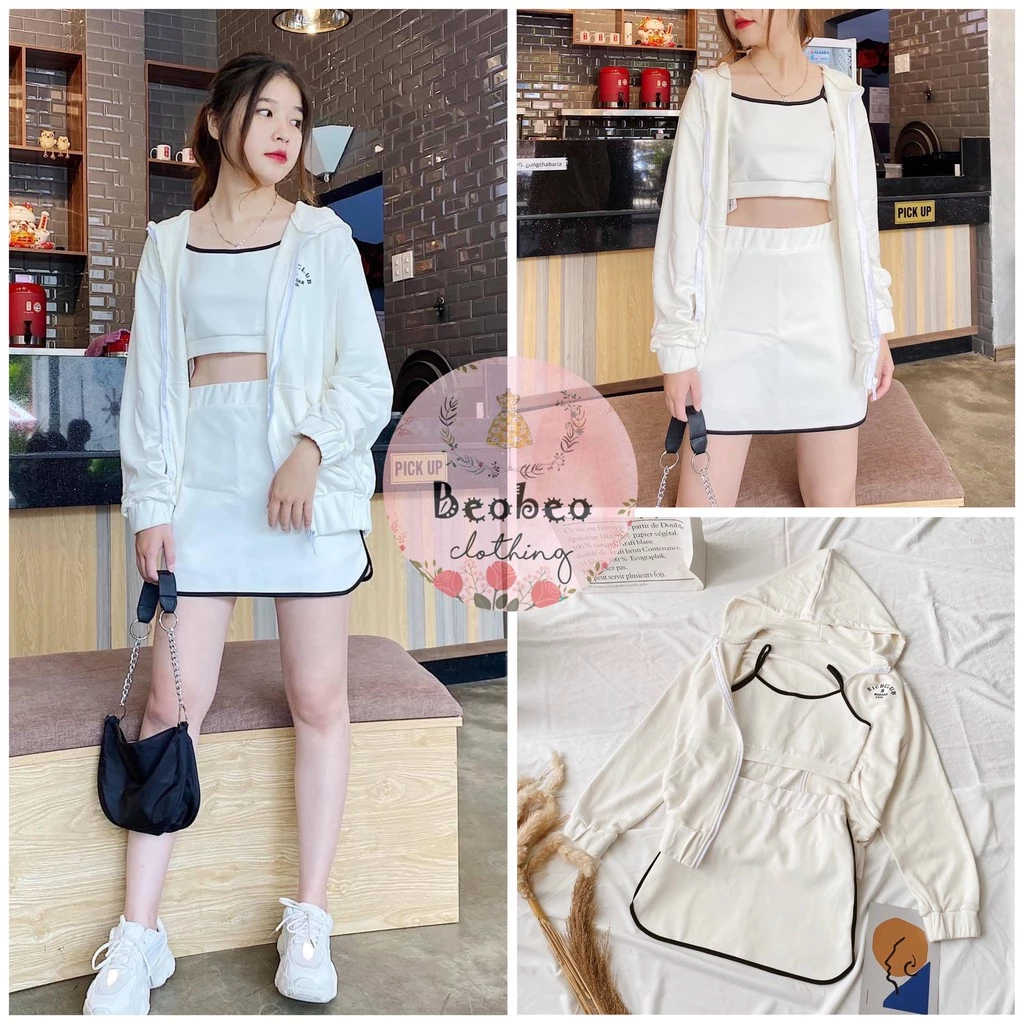 [Ảnh thật] Set áo 2 dây croptop kèm chân váy viền đen phối áo khoác có nón ulzzang