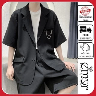 Áo Blazer Cộc Tay Nam Nữ Dáng Dài , Áo Khoác Vest Nam Nữ Dáng Suông Basic 2 Khuy Cài Thời Trang Hàn Quốc E'mer