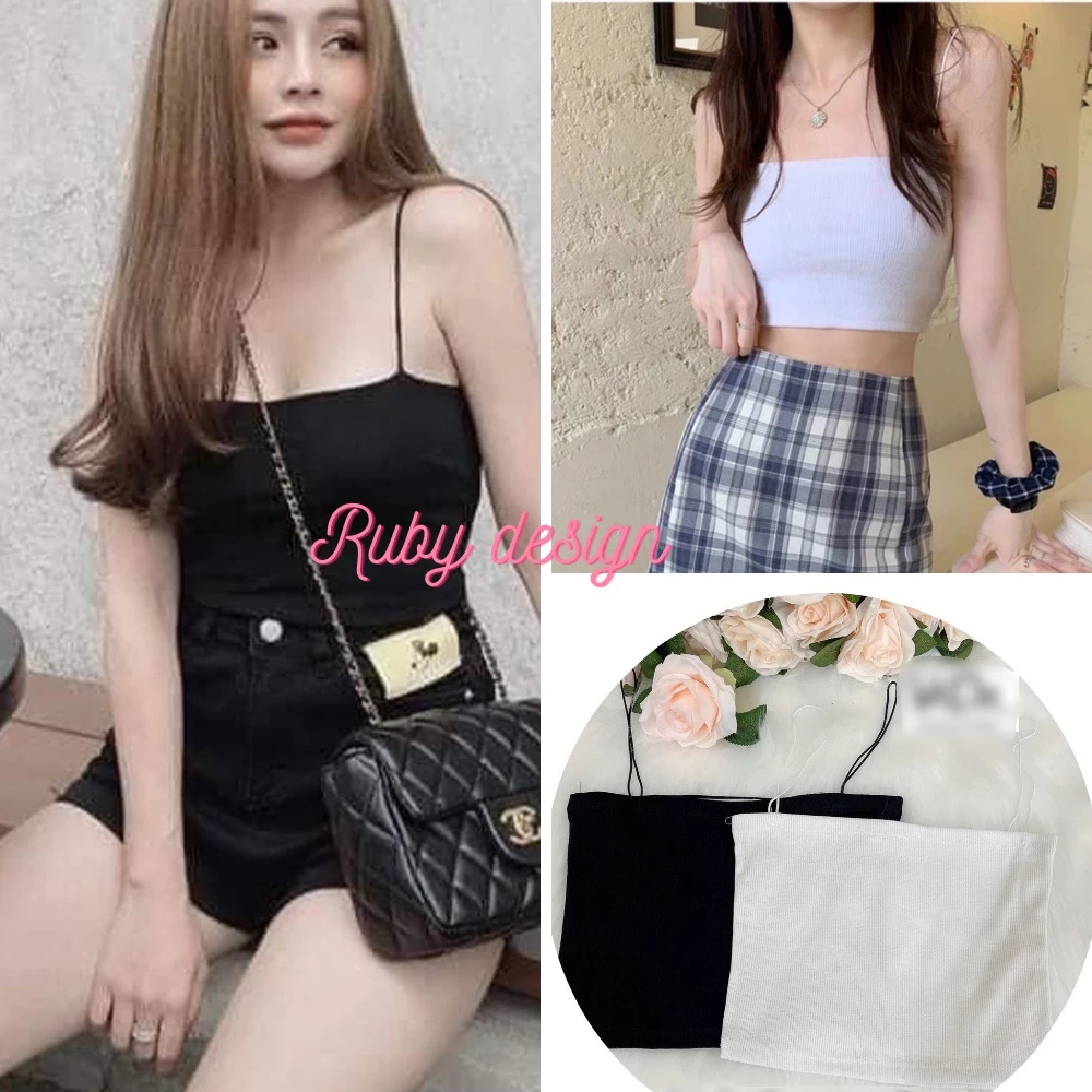 Áo 2 dây croptop sợi bún thun gân đẹp cotton đen trắng, áo ôm thon gọn co giãn 4 chiều dễ mặc dễ phối đồ