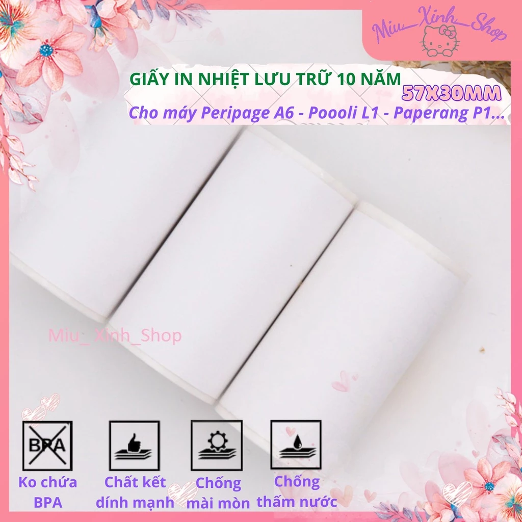 Tất cả giấy in nhiệt màu trắng ❤ KT 57x30mm ❤ cho máy in peripage A6 - Q7, poooli L1, L2, paperang p1, p2s, Pikdik Q2