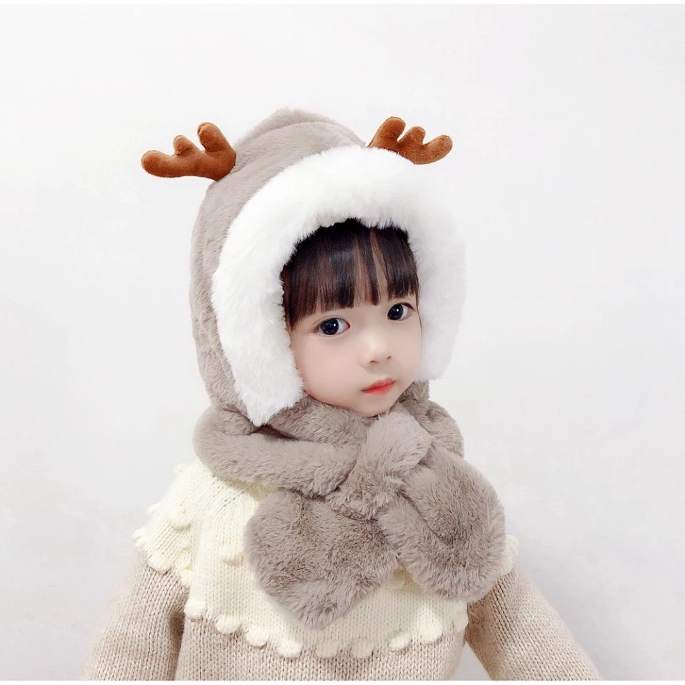 Mũ Len Kèm Khăn sừng nai Cho Bé 4-8 Tuổi🍀FREESHIP🍀Mũ lông trùm đầu liền khăn cổ giữ ấm cho bé