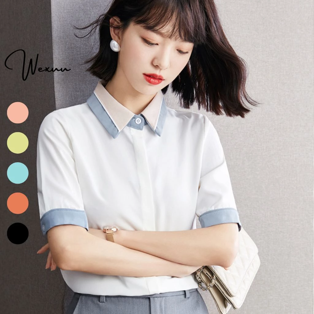 Áo sơ mi nữ trắng cộc tay Wexuu Design áo kiểu nữ công sở cổ đức phối màu giấu cúc - cộc tay - SP21