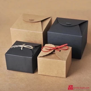 Hộp quà giấy kraft vuông nắp cài thắt nơ kèm rơm lót, hộp quà tặng kraft mini