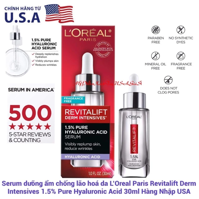 [Hàng Mỹ]Serum dưỡng ẩm chống lão hoá da L’Oreal Paris Revitalift Derm Intensives 1.5% Pure Hyaluronic Acid30ml