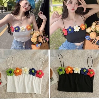 Áo 2 dây bún phối hoa len móc, áo croptop hoa len móc