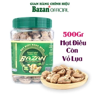 Hạt điều rang muối Bazan Bình Phước nguyên hạt dinh dưỡng A+ loại 1 hộp 500g nắp xanh còn vỏ lụa