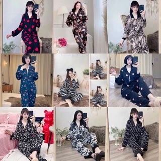 Đồ Bộ Pijama Lụa Mango Cổ Sen Tay Dài Quần Dài