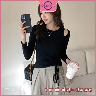 Áo thun croptop tay dài rút dây hở vai OZENKA , crt ôm body nữ đẹp thun gân 100% cotton màu đen trắng dưới 50 kg