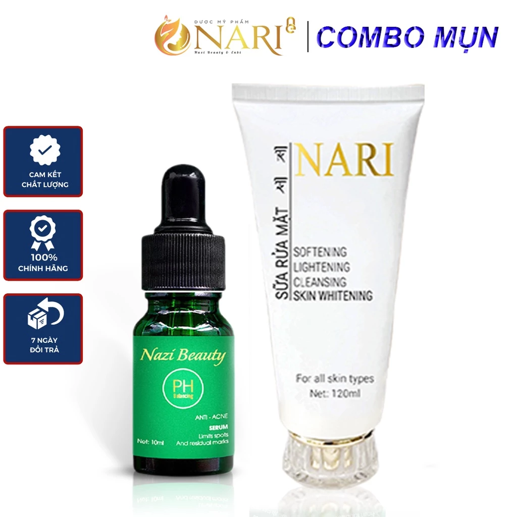 Combo giảm mụn mờ thâm sạch sâu dưỡng trắng da Nari thành phần thảo dược an toàn lành tính gồm serum mun và sữa rửa mặt