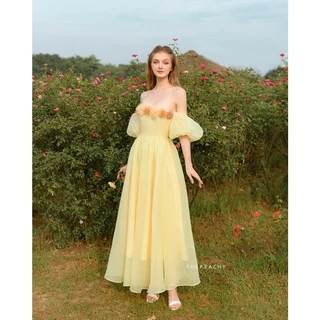 Váy nữ tay bồng trễ vai gắn hoa ngực chất liệu organza The Peachy-Sephera Dress