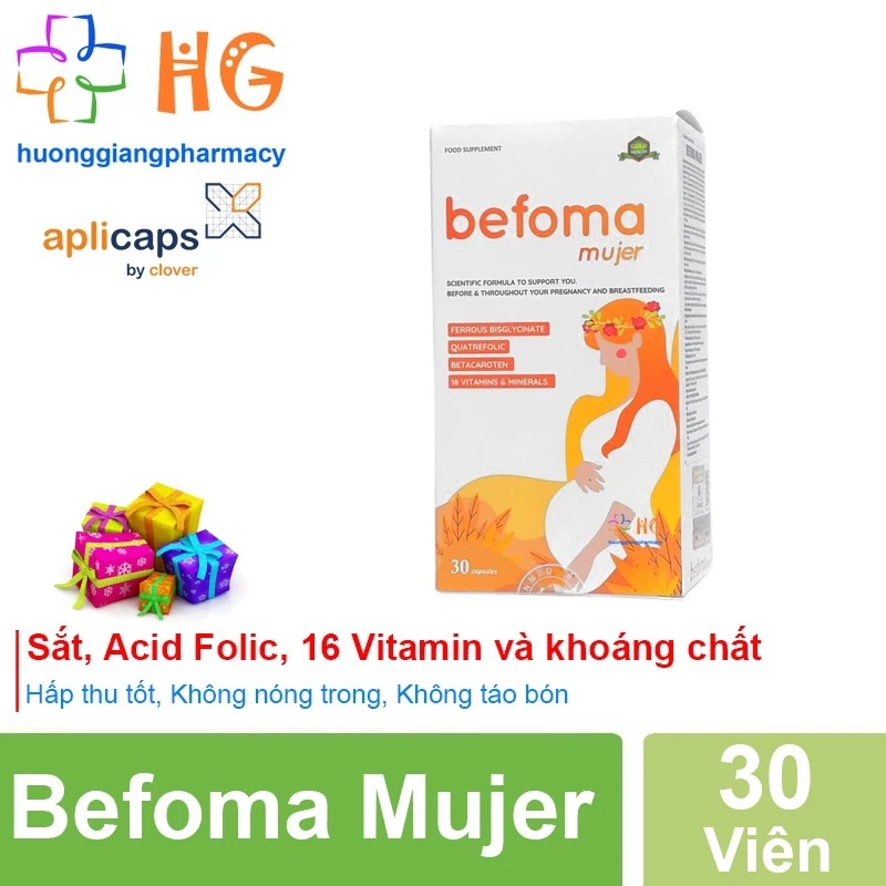 Aplicaps befoma mujer Sắt bầu Viên sắt cho bà bầu Canxi cho bà bầu Vitamin sau sinh Canxi bầu Hộp 30 Viên