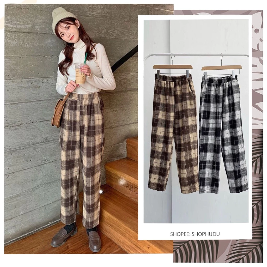 Q002 Quần ống rộng thô đũi kẻ caro cạp chun lưng cao cute, quần culottes ống suông dài karo vintage retro nam nữ