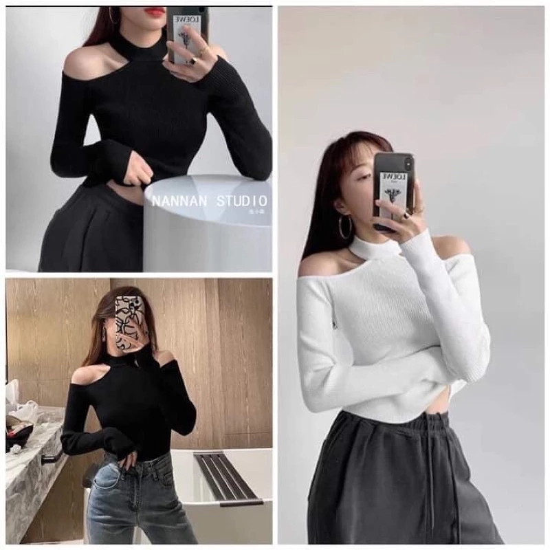 Áo thun kiểu croptop tay dài phối dây hở hai bên vai sexy