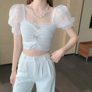 Áo Croptop Dệt Kim Tay Ngắn Cổ Vuông Phối Ren Thời Trang Quyến Rũ Cho Nữ