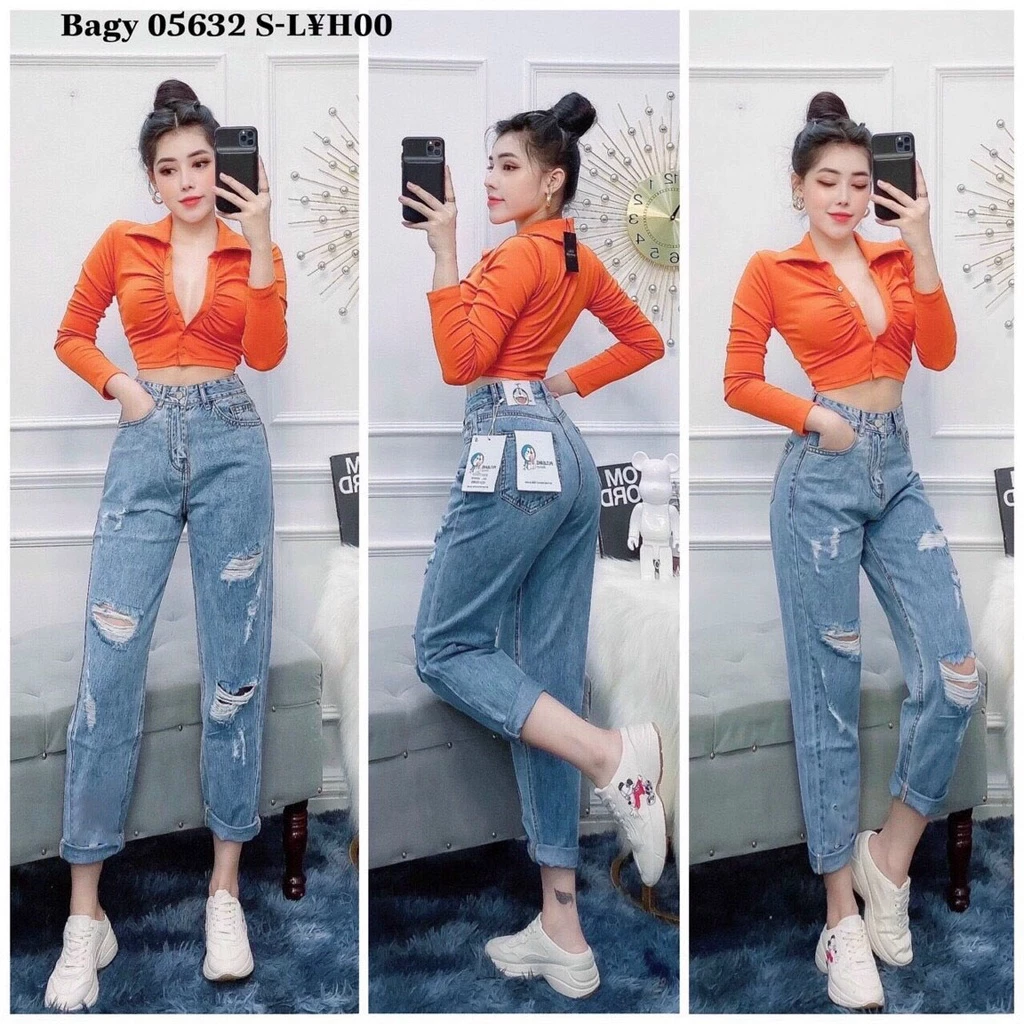 Quần Jean Dài Phom Baggy Boyfriend Lưng Cao, Co Dãn Mạnh, Màu Xanh Đá Rách kiểu bụi bặm 4480 0046