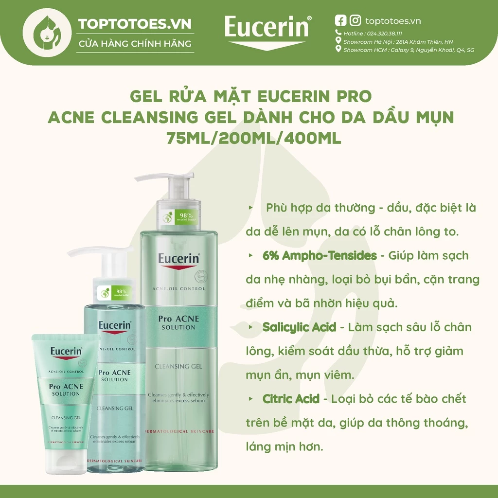 Gel rửa mặt dành cho da dầu mụn Eucerin Pro Acne Cleansing Gel 75ml/200ml/400ml