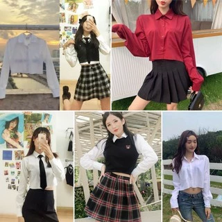 Áo kiểu sơ mi nữ croptop tay dài (Kèm ảnh thật)