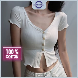 Áo croptop nữ kiểu ôm sexy cổ vuông cài khuy OZENKA , áo crt ngắn tay đẹp thun gân 100% cotton màu đen trắng dưới 55 cân