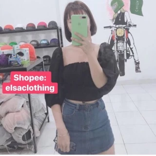 (HOẢ TỐC) Áo Croptop tay phồng cổ vuông nút bọc