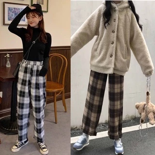 Q002 - Quần ống rộng thô đũi kẻ caro cạp chun lưng cao cute, quần culottes ống suông dài karo vintage retro nam nữ