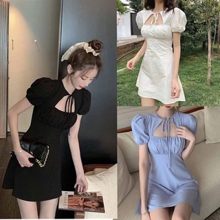 V012 - Váy khoét ngực tay bồng sexy ôm body quyến rũ đầm ngắn thắt nơ nhúm ngực chữ A tiểu thư công chúa xinh xắn