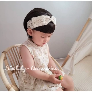 Bờm xước tóc turban vải ren hoa màu kem Hàn Quốc cho bé