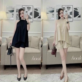 Set đồ nữ đũi, bộ đồ nữ hè áo yếm vạt cong quần short cá tính