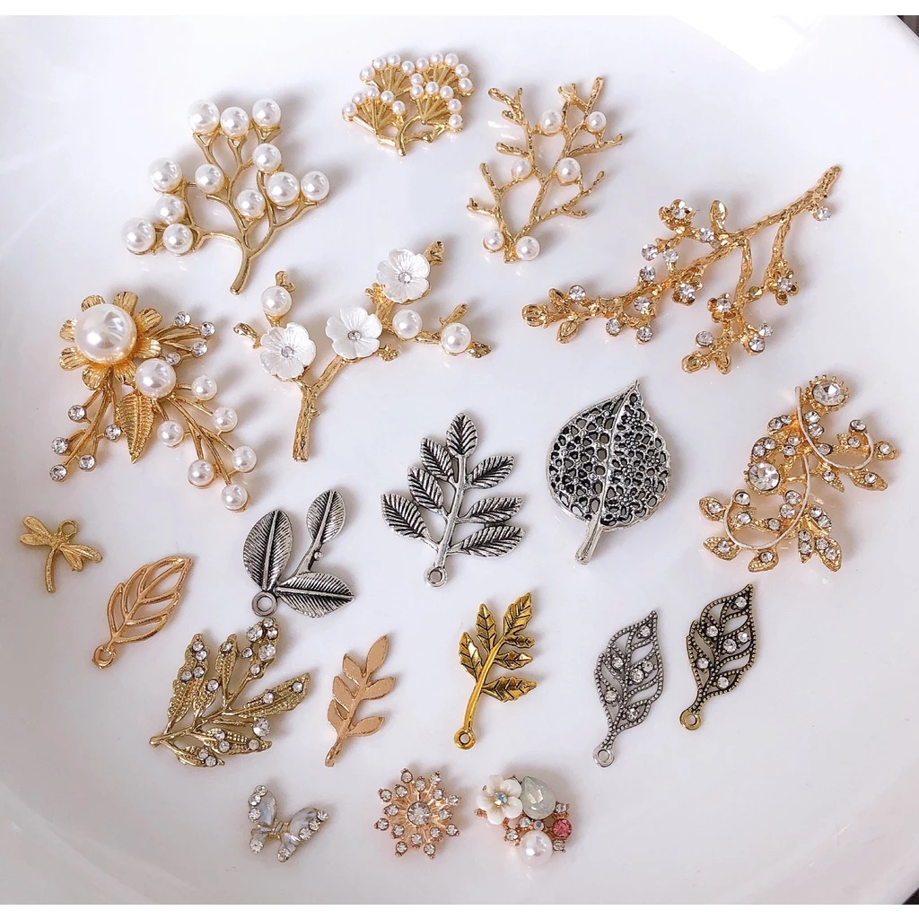 Cành lá mạ kim, đính đá - Center nhụy hoa pha lê nguyên liệu làm đồ handmade