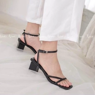 Giày Sandal Đế Bằng Quai Mảnh Dây Cài Gót Vuông Màu Trắng/Đen/Nude 5 phân mã N25