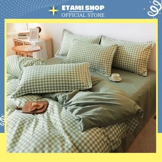 Bộ chăn ga gối cao cấp ETAMI cotton poly kẻ xanh cute miễn phí bo chun drap giường, ga trải giường