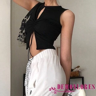 Áo croptop không tay màu đen phối dây rút thời trang mùa hè gợi cảm cho nữ