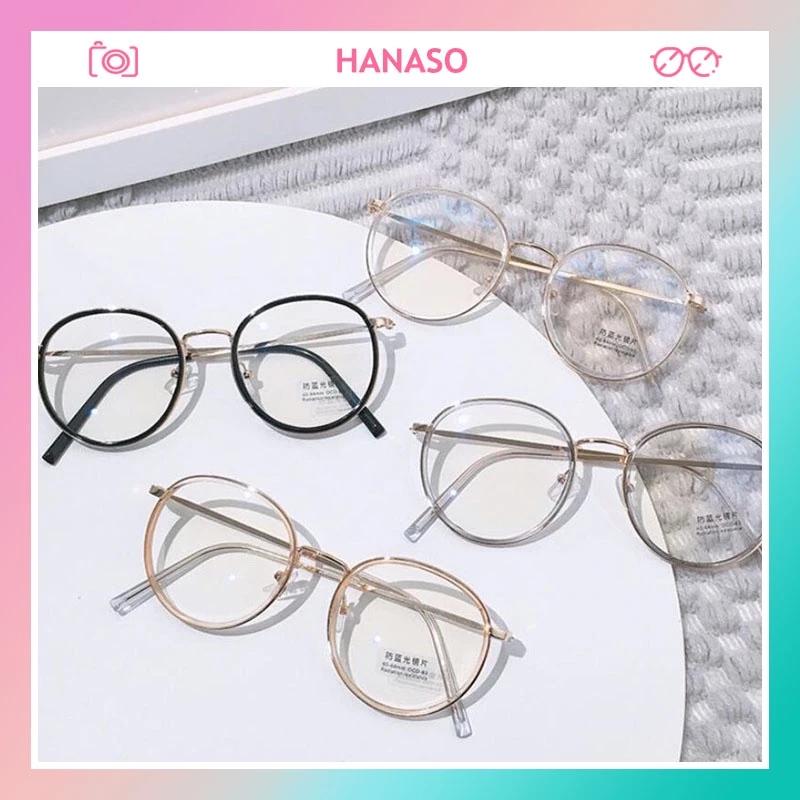 Kính cận thời trang nam nữ gọng tròn, mắt kính không độ chống tia UV HANASO 073