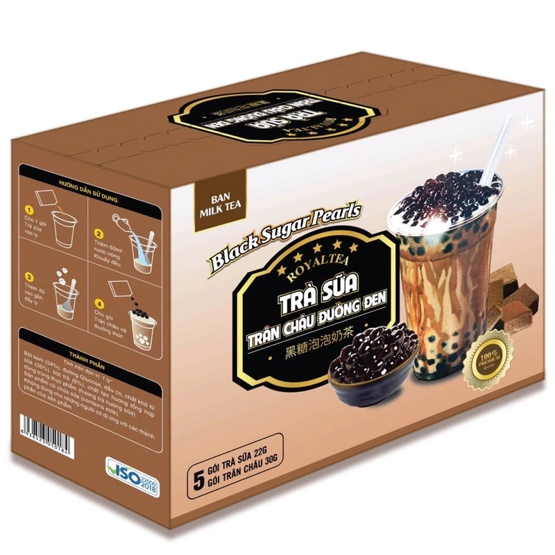 Trà Sữa Trân Châu Royal Tea/  Hillway Tự Pha Vị Chân Trâu Đường Đen Hộp 8 gói (kèm trân châu)