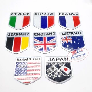 Tem nhôm decal dán trang trí xe hình cờ các nước trên thế giới- Anh, Mỹ, Đức, Pháp, Nhật...........(hình khiên kt5x5cm)