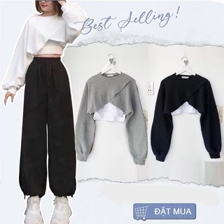 Áo Croptop Nữ Kiểu Tay Dài Phồng Dáng Rộng Đắp Chéo BEE Ulzzang [TẶNG KÈM BRA ]  A08