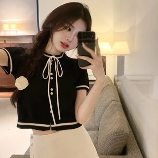 Áo Thun Baby Tee Nữ Tay Ngắn Áo Croptop Áo Phông Dệt Kim Tay Ngắn Cổ Tròn Đính Nơ Phong Cách Hàn Quốc Thời Trang Mùa Hè Cho Nữ