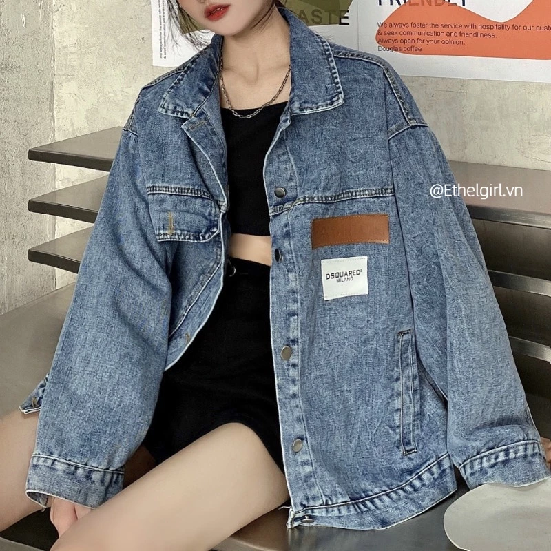 Ethelgirl Nữ Thời Trang Hàn Quốc Retro Rời Cổ POLO Áo Khoác Dụng Cụ Dài Tay Áo Khoác Denim Top