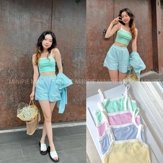 Áo Hai Dây Croptop Nữ Cổ Vuông Co Dãn Màu Pastel Xanh Mint Hồng Xanh Dương Vàng - Minipie