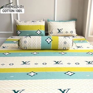 Drap Cotton 100%, ga trãi giường cao cấp chính hãng thoáng mát (4 món) mẫu LV XANH