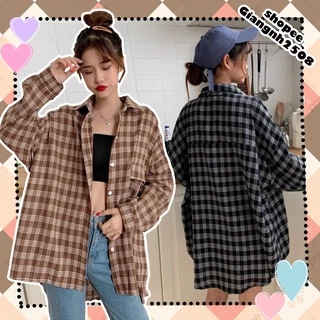 A011 Áo sơ mi kẻ caro oversize nam nữ vintage dài tay ulzzang, áo khoác chống nắng cỡ rộng tay phồng phong cách Hàn Quốc