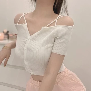 Áo Croptop Dệt Kim Trễ Vai Tay Ngắn Thiết Kế Quyến Rũ Cho Phái Nữ