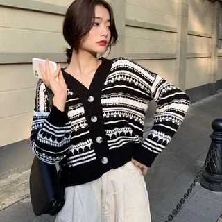 Áo khoác cardigan dệt kim họa tiết kẻ sọc phong cách cổ điển