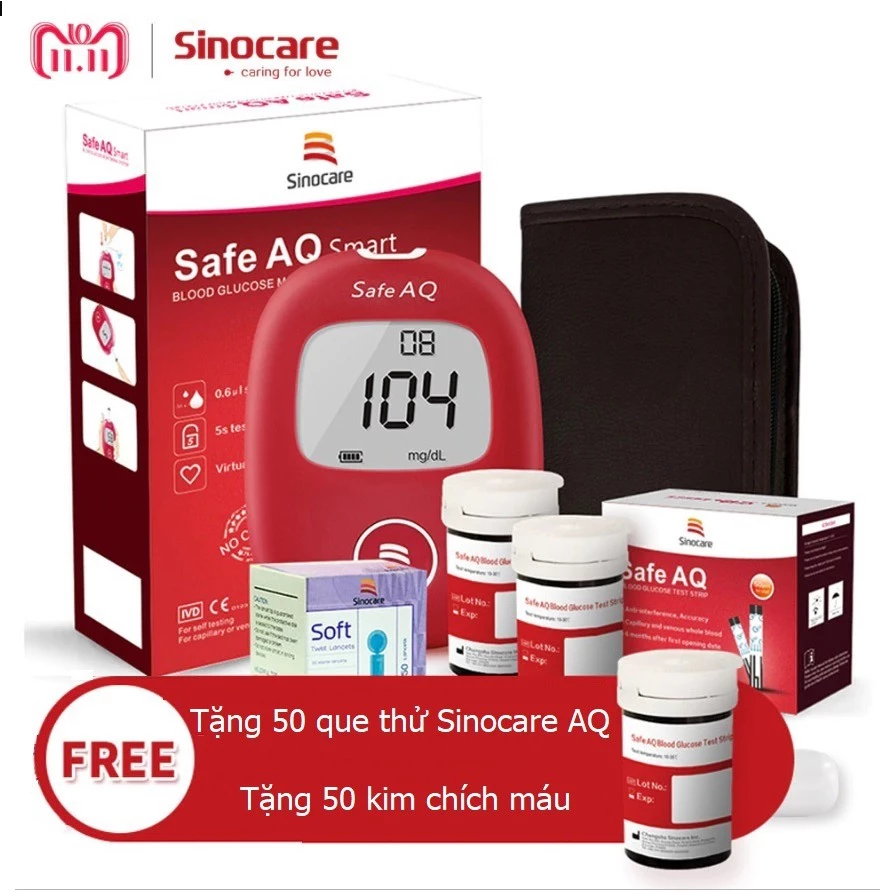 Máy đo đường huyết Sinocare Safe AQ chính hãng Đức + Tặng 50 que thử và 50 kim lấy máu
