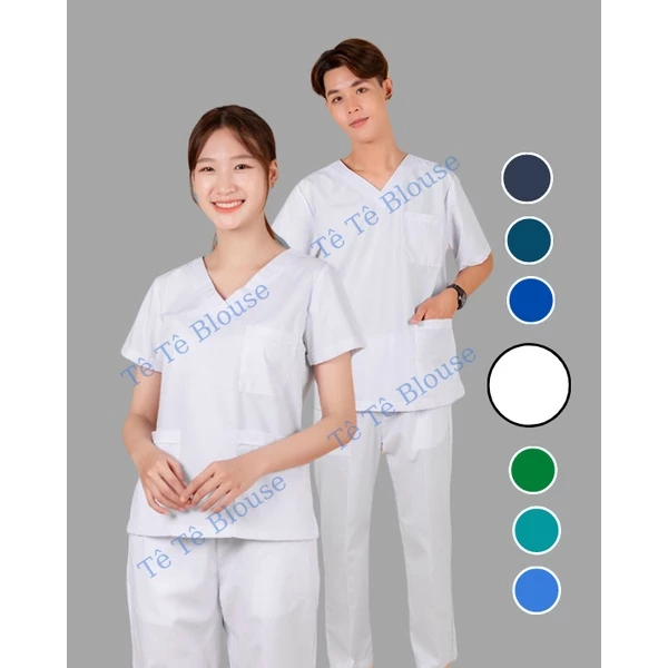 Bộ SCRUBS cổ tim phòng mổ, đồng phục phẫu thuật, Spa, phòng khám, Bác Sĩ, màu TRẮNG, chất vải LON mỏng và Thun co giãn