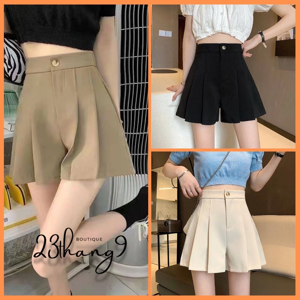 Quần short nữ xếp ly lưng cao chun sau chất tuyết mưa cao cấp quần đùi nữ ống rộng cạp cao màu đen trắng nâu ulzzang 097