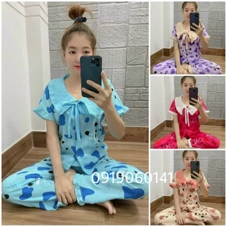 (Hình chụp thật 45-55kg). Bộ mặc nhà tiểu thư pijama lụa hàn tay ngắn quần dài (DN1)