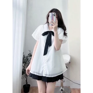 áo sơ mi nữ kiểu babydoll ren tơ phối nơ cổ form rộng dáng xòe điệu đà đáng yêu